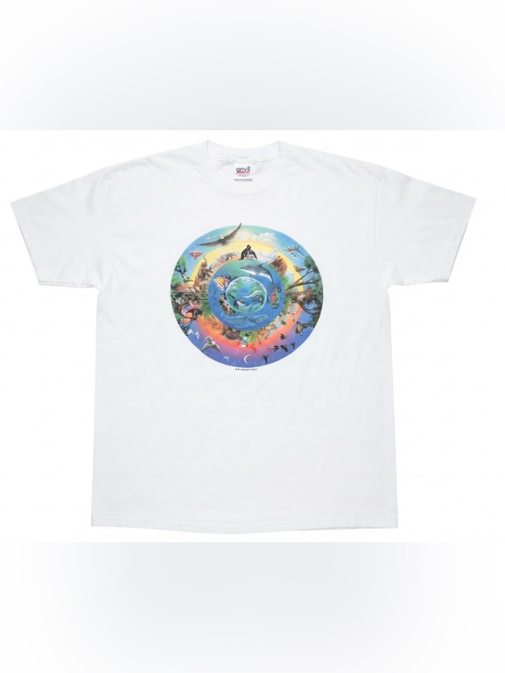 Vintage Anvil Earth Day T-Shirt Men's 2X White Circle Wildlife Graphic Animal